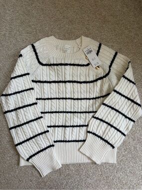 abercrombie kids Cream Cable-Knit Sweater with Black Stripes